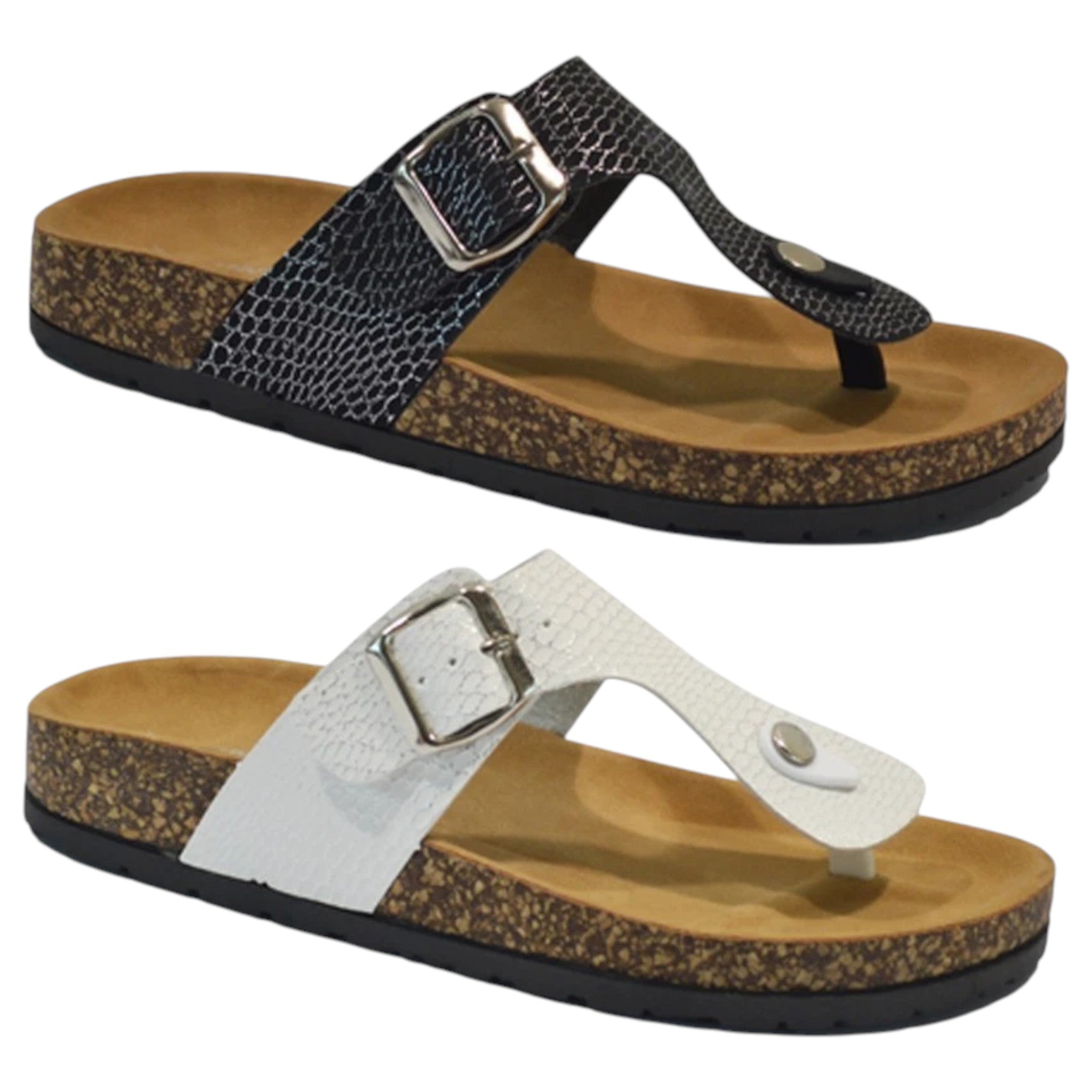 Dunlop ladies slip-on summer sandals with buckle strap and cushioned sole in black or white